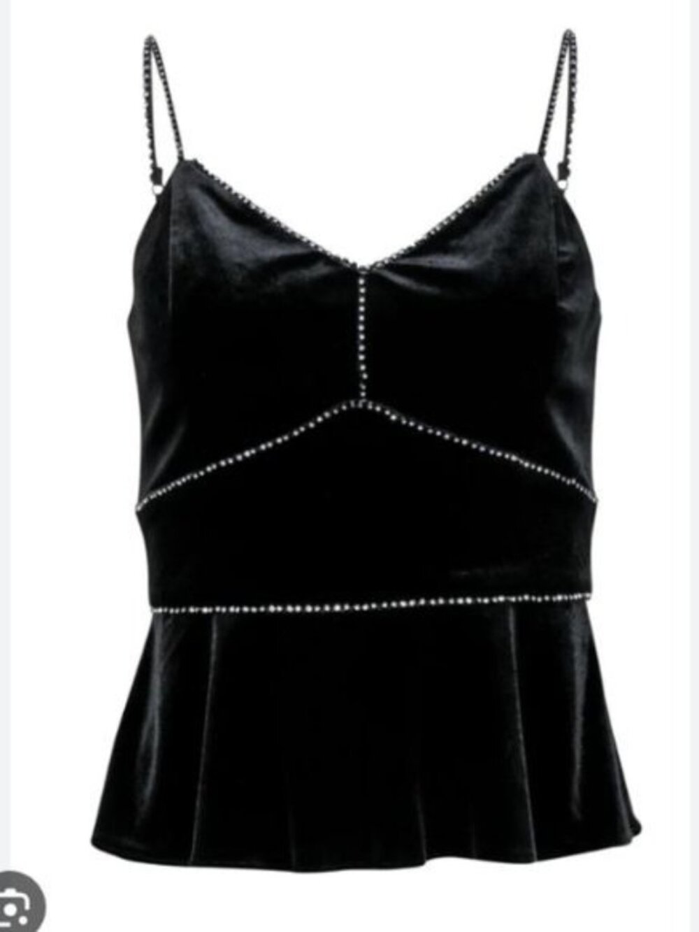 Parker Black Velvet Rhinestone Trimmed Spaghetti Strap Peplum Top, Size 4
